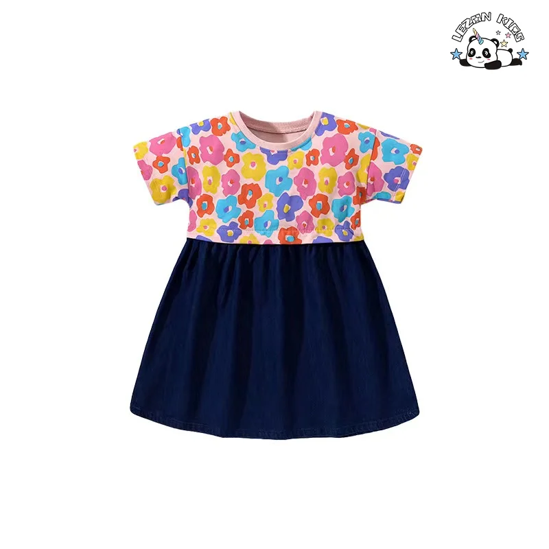 LEZONKIDS - Atacado de Novo Produto de vestido de crianças de cetim com design de flores de cores diferentes impressas